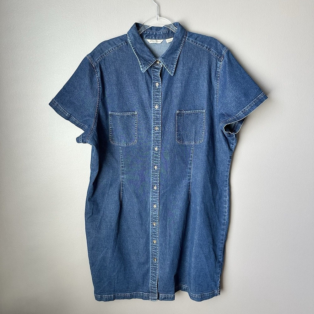 Vintage Eddie Bauer Denim Button Front Shirt Dress XXL Dark Wash Blue Casual 90s